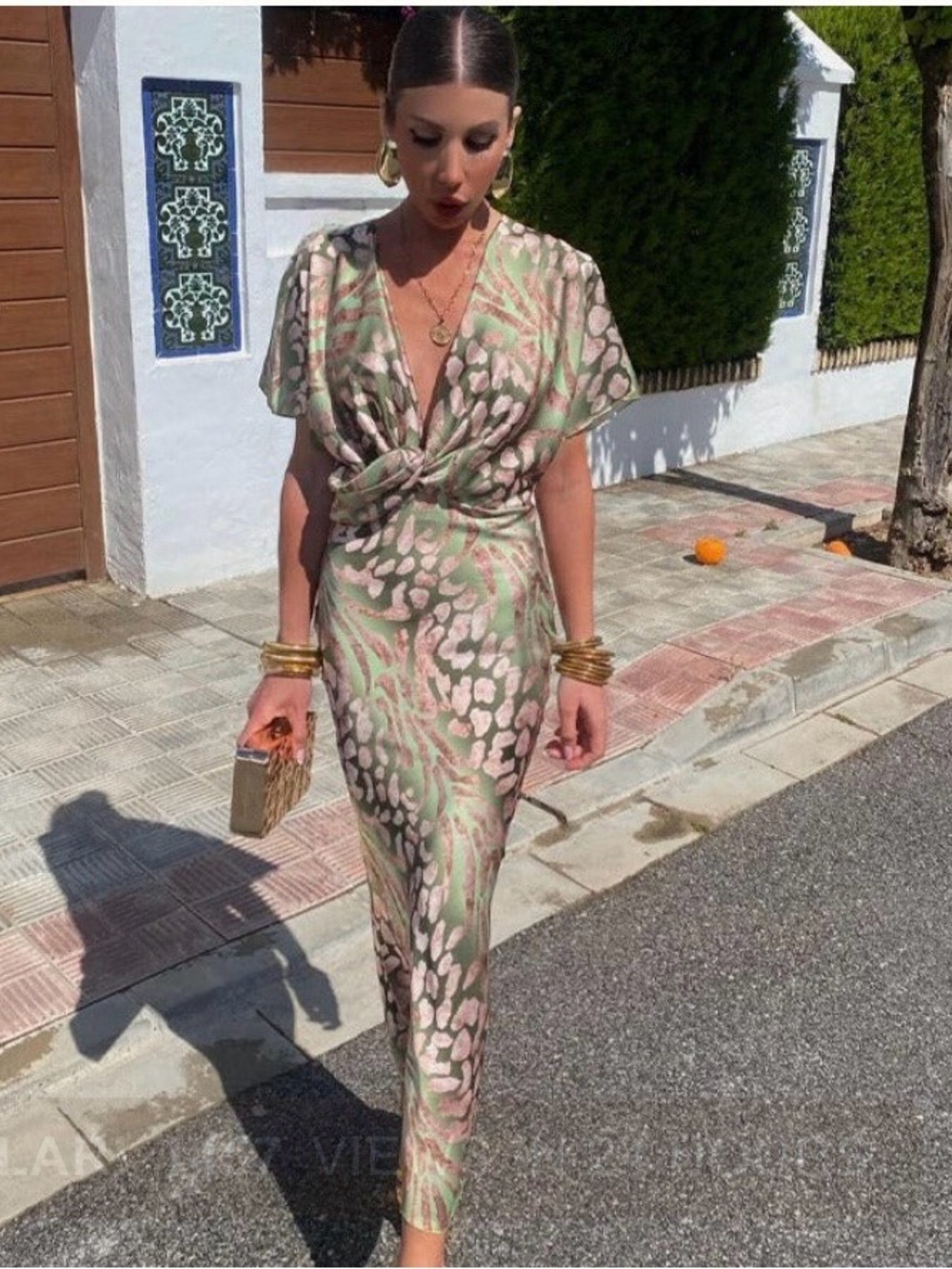 Elegant Green & Pink Animal-Print Dress
